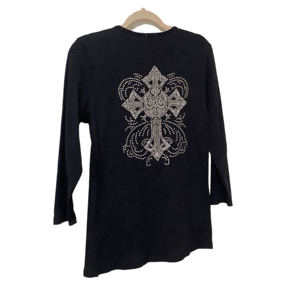 Reba Front & Back Rhinestone Cross Long Sleeves Round Neck Black Tee Shirt Sz LG - Picture 4 of 11